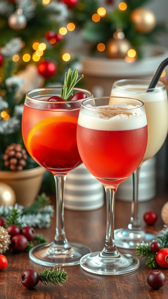 A selection of Christmas cocktails including cranberry orange, eggnog punch, and sparkling spritzer, decorated for the holidays.